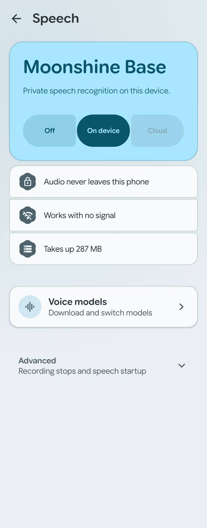 Speech settings with Off, On device selected, and Cloud requiring setup
