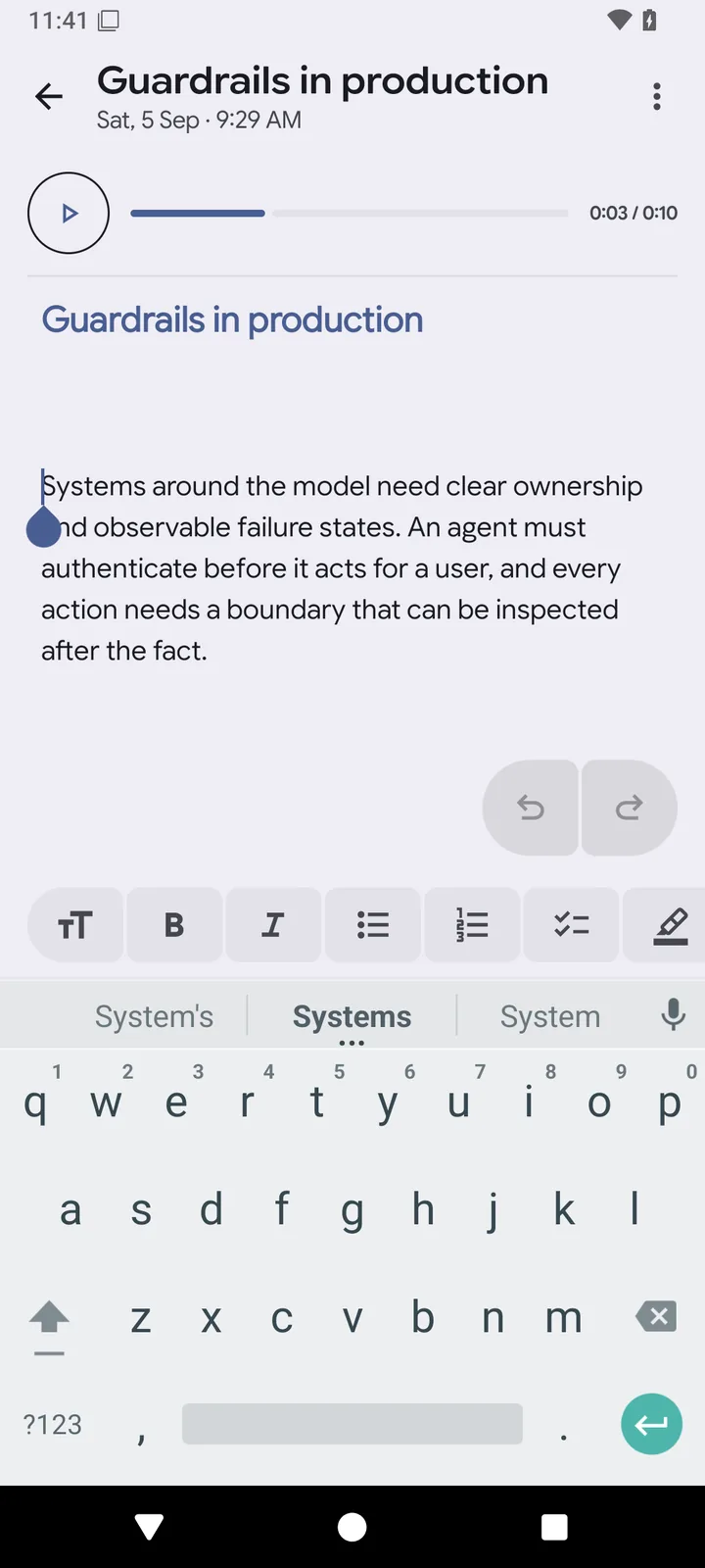 ScribeKey transcript editor with focused text, soft keyboard, playback, Undo, Continue and Improve controls